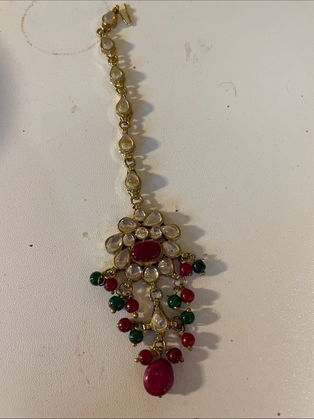 Gold-Tone Kundan Maang Tikka with Red and Green Stones